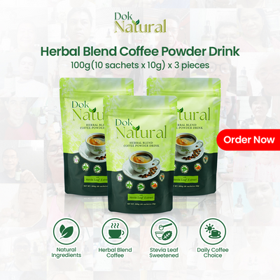 DOK NATURAL Herbal Blend Coffee Powder Drink – 3 Packs Bundle, Natural Ingredients, Stevia Leaf Sweetened, 100g each