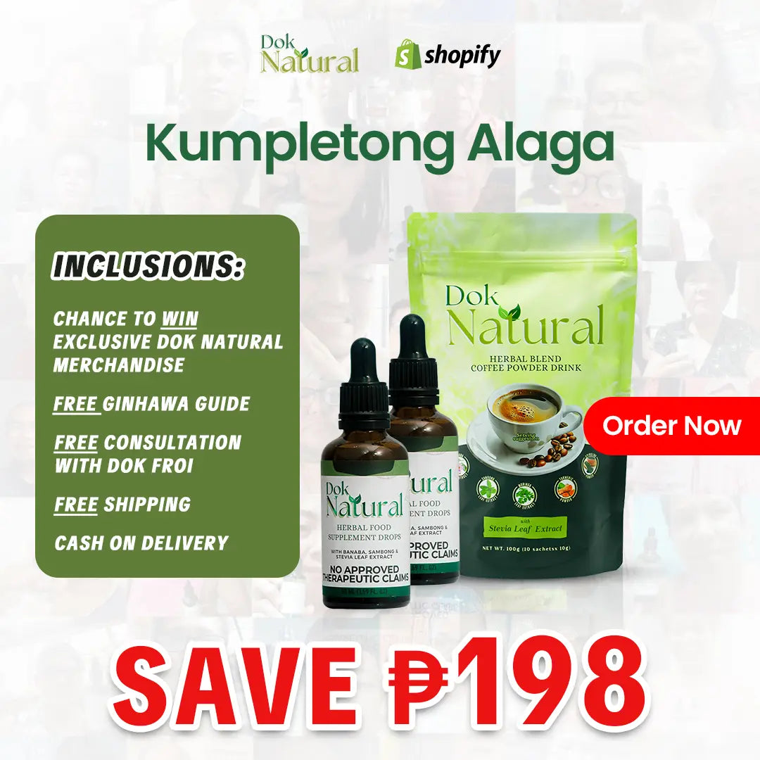 DOK NATURAL Kumpletong Alaga bundle — Herbal Drops, Herbal Coffee, with free umbrella, cap, mug, and tumbler