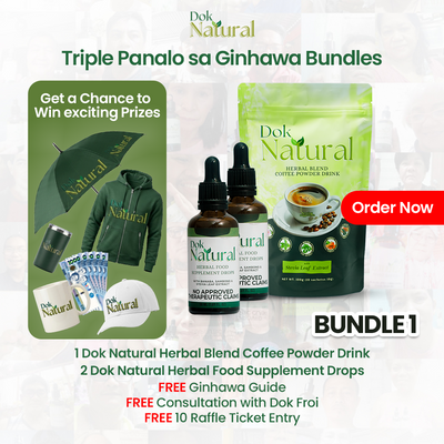 Triple Ginhawa Bundle 1 — DOK NATURAL Herbal Food Supplement Drops at Herbal Blend Coffee Powder Drink na may Sambong, Banaba, at Stevia Leaf Extract