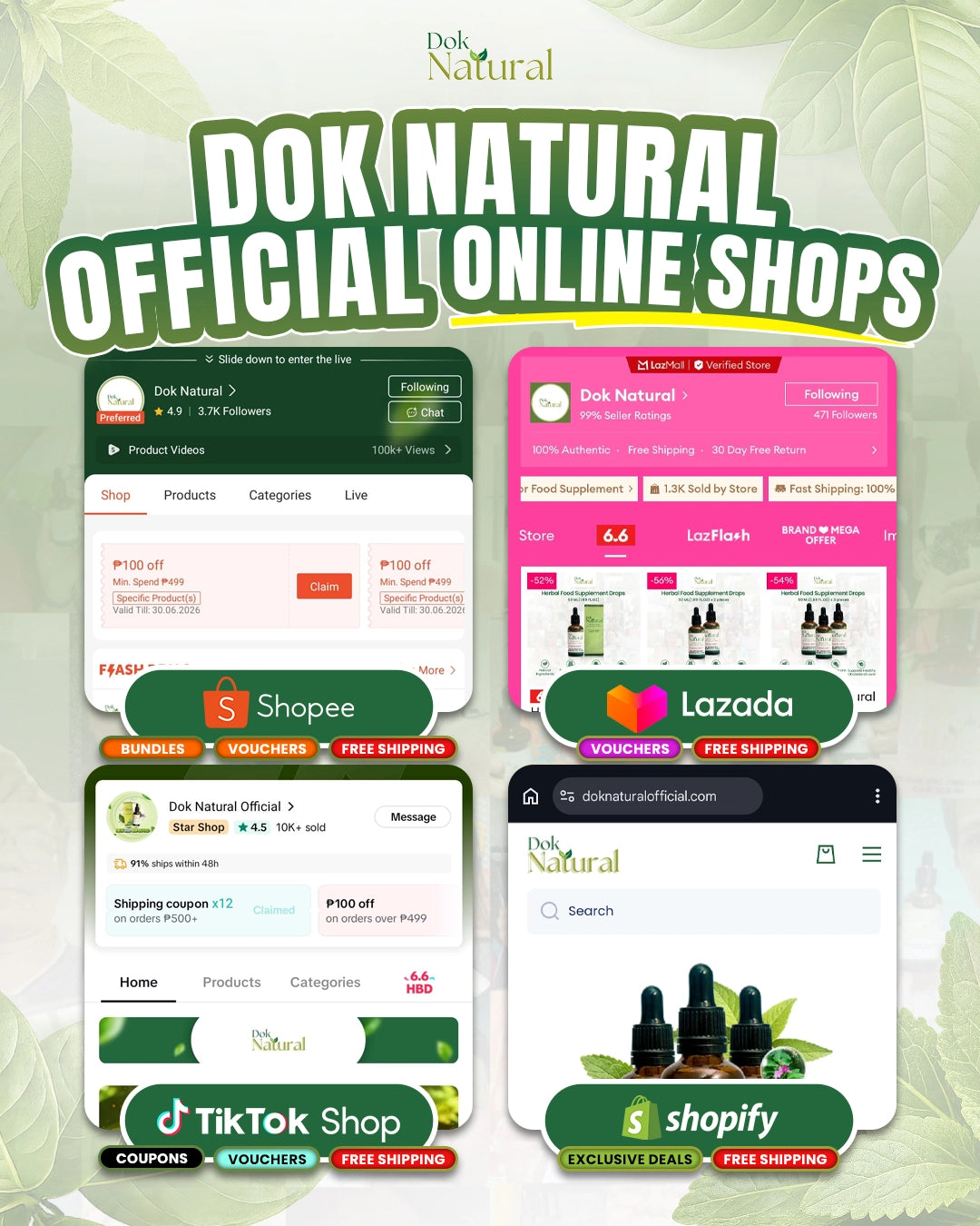 DOK NATURAL Herbal Food Supplement official stores on Shopee, Lazada, TikTok Shop, and Shopify