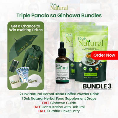 Triple Panalo sa Ginhawa Bundle 3 — Dok Natural Herbal Blend Coffee Powder Drink at Herbal Food Supplement Drops
